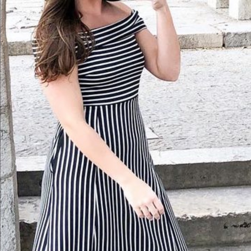 Banana Republic off the shoulder black and white striped dress.